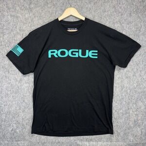 Rogue Fitness T-Shirt Men's Large Black Teal Blue Logo USA Made Short Sleeve Gym